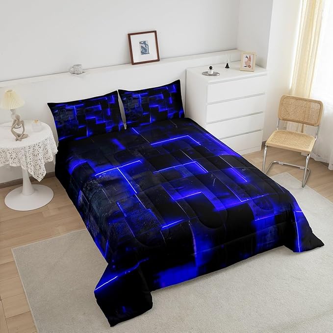 Black Navy Blue Abstract Comforter King Gradient Square King Bedding Set Grid Down Comforter Neon Checkered Bed Set Glowing Plaid Quilted Duvet 3D Modern Bedroom Decor 3pcs (Black Reversible)