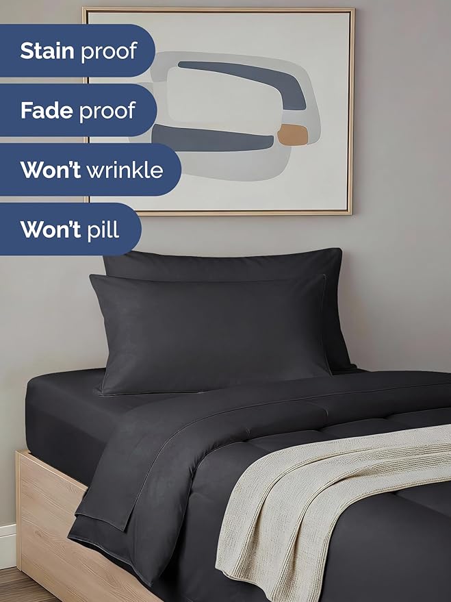 Twin Comforter Set - 5 Piece Bed in a Bag Twin Size Bed Set - Down Alternative Comforter, Flat Sheet, Fitted Sheet, Pillowcase & Sham for All Seasons - Ultra Soft, Cozy, Comfy and Breathable - Black