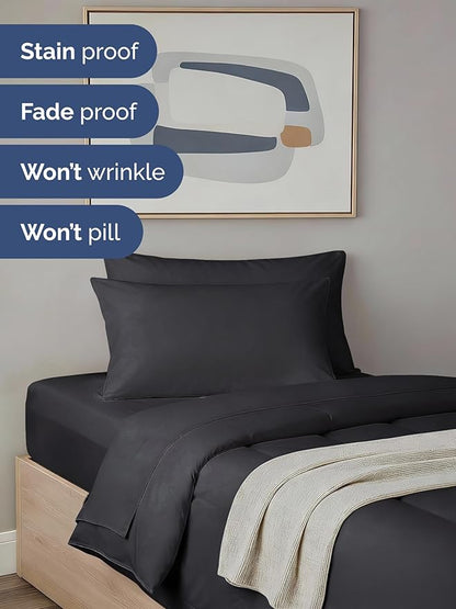 Twin Comforter Set - 5 Piece Bed in a Bag Twin Size Bed Set - Down Alternative Comforter, Flat Sheet, Fitted Sheet, Pillowcase & Sham for All Seasons - Ultra Soft, Cozy, Comfy and Breathable - Black