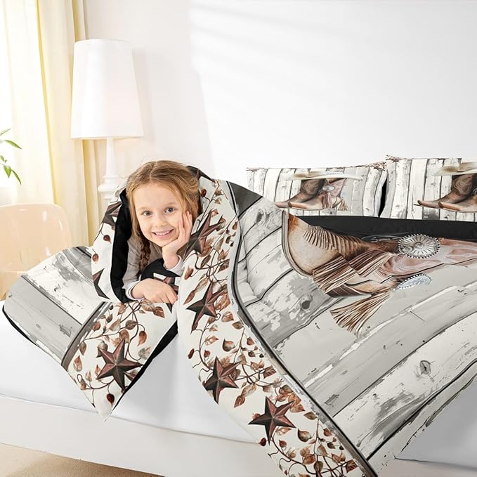 Erosebridal Western Texas Star Comforter Set King Size, Rustic Horseshoe Bedding Set Country Wooden Door Quilt for Kids Teens Adult Men Bedroom, Retro Cowboy Farmhouse Bedding Comforter Sets