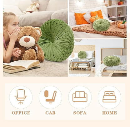 1 Pcs Round Throw Pillows Decorative Velvet Pleated Throw Pillows 15'' Diameter Accent Pumpkin Boho Chair Cushion for Couch Sofa Chair Bed Home Decoration (Green)