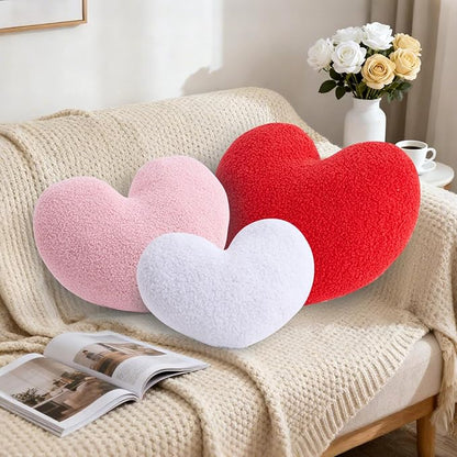 3 Pcs Heart Shaped Throw Pillows Set, Soft Teddy Fleece Plush Decorative Cushions in Red Pink White, Cute Aesthetic Accent Pillows for Sofa Couch Bed Bedroom Apartment Dorm Room Decor