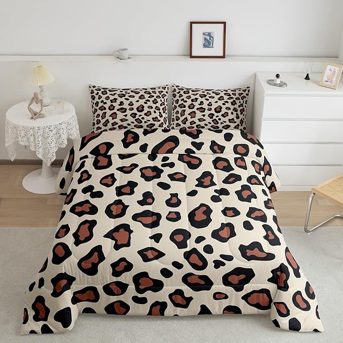 Feelyou Leapord Comforter Set Full Size Leopard Print Comforter for Boys Girls Teens Cheetah Print Bedding Set Morden Duvet Set Room Decor Pale Brown Quilt Set