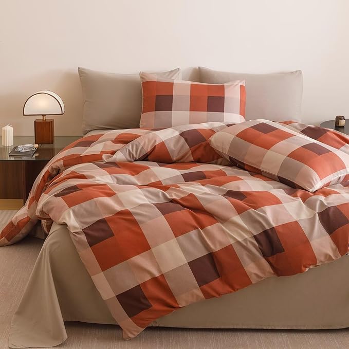 Houseri Red Plaid Comforter Set California King Vintage Grid Bedding Sets