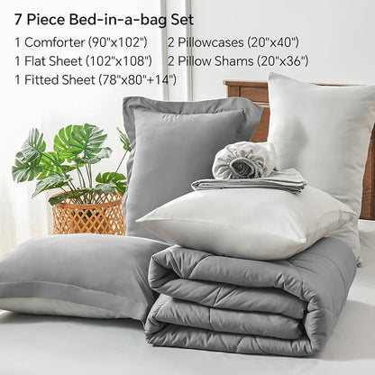 BEDELITE King Size Comforter Set 7 Pieces Bed in A Bag - Soft Microfiber Reversible Grey Bed Set with Comforters, Sheets, Pillowcases & Shams, Cozy Luxury Bedding Sets for All Season