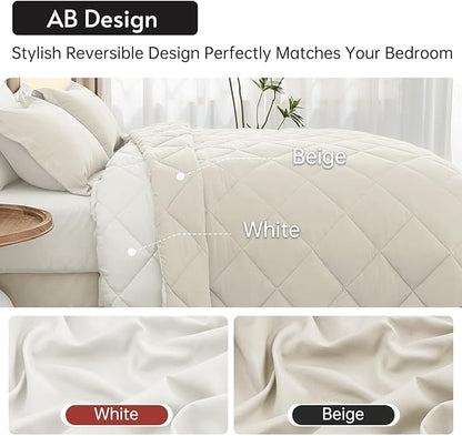 MUXHOMO 5 Pieces Twin Comforter Set, Reversible Bed in a Bag Twin Size, All Season Bedding Set with Comforter, Flat Sheet, Fitted Sheet, Pillowcases & Shams, Beige & White