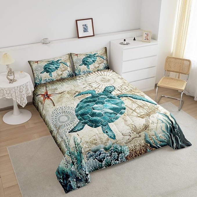 Erosebridal Turtle Bedding Teal Turtle Comforter Set Turquoise Ocean Themed Mediterranean Style Printed Design Ocean Turtle Down Comforter Quilted Duvet Set Full Size 1 Comforter 2 Pillowcases