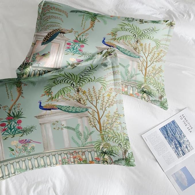 Comforter Set Twin Size, Peacock Plant Bird 2 Pcs Soft Bedding Set for Kids and Adults, Floral Tree Green Comforter Set with Pillowcase, for Bedroom Bed Decor