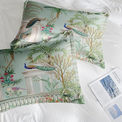 Comforter Set Full Size, Peacock Plant Bird 3 Pcs Soft Bedding Set for Kids and Adults, Floral Tree Green Comforter Set with 2 Pillowcases, for Bedroom Bed Decor
