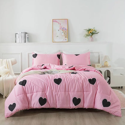 Caressma Love Pattern Girls Pink Comforter Set Full Size, Blush Pink Cute Love Heart Sexy Comforter Bedding Set for All Seasons, Geometric Microfiber 3 Pieces Comforter Set with Pillowcases