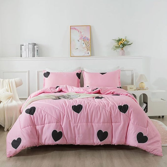 Caressma Love Pattern Girls Pink Comforter Set King Size, Blush Pink Cute Love Heart Sexy Comforter Bedding Set for All Seasons, Soft Microfiber 3 Pieces Comforter Set with Pillowcases
