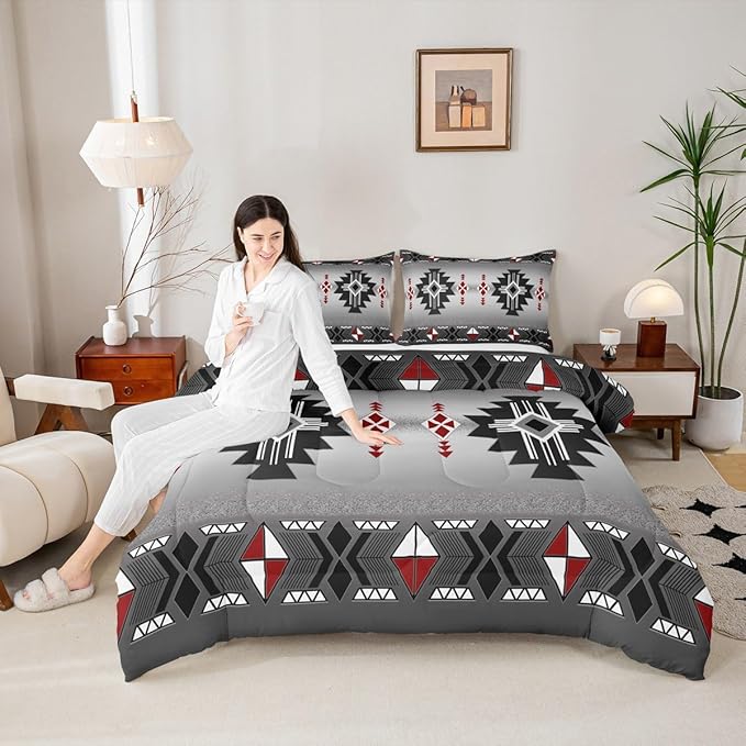 Erosebridal Rustic Western Comforter Set Twin, Southwestern Aztec Bedding Set for Boys Teens Men Bedroom, Exotic American Native Bedding Comforter Sets Vintage Bohemian Geometric Quilt, Red Grey
