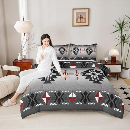 Erosebridal Rustic Western Comforter Set Twin, Southwestern Aztec Bedding Set for Boys Teens Men Bedroom, Exotic American Native Bedding Comforter Sets Vintage Bohemian Geometric Quilt, Red Grey