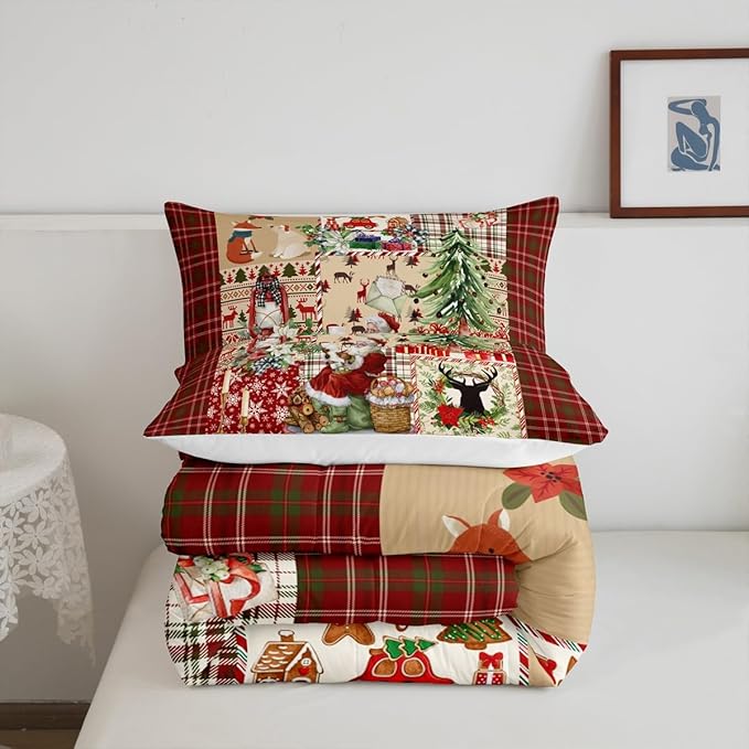 Merry Christmas Comforter Set Queen Size,Xmas Tree Deer Antler Bedding Set Cartoon Santa Claus Quilt Set for Kids Girls Boys Adult Room Decor,Retro Red Grid Patchwork Plaid Bedspread,2 Pillowcases