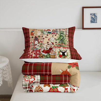 Merry Christmas Comforter Set Twin Size,Xmas Tree Deer Antler Bedding Set Cartoon Santa Claus Quilt Set for Kids Girls Boys Adult Room Decor,Red Green Grid Patchwork Plaid Duvet Insert 2Pcs