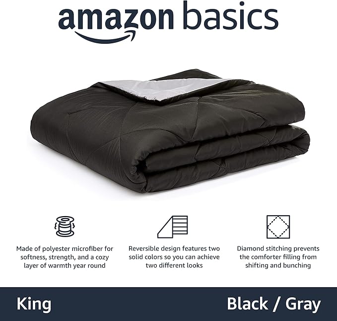 Amazon Basics Reversible Lightweight Microfiber All Season Comforter Blanket, King, Black/Grey