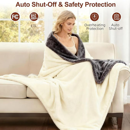 Electric Heated Blanket Throw 50" x 60" Soft Dual-Sided Flannel Fast Heating 12 Heat Levels 1–12H Timer & Overheat Protection & Auto Shut-Off & Machine Washable (Milky White & Gray)