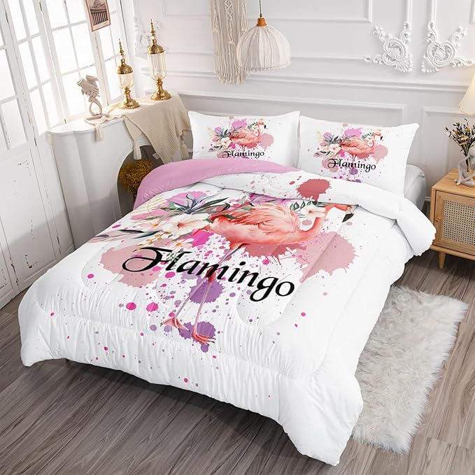 HOSIMA Flamingo Comforter,Pink Flamingo Wearing a Crown Love and Romantic Animal Artwork Room Decor,Twin Bedding Sets for Girls Women,Colorful Ink Floral Bedding Set with 2 Pillowcases.