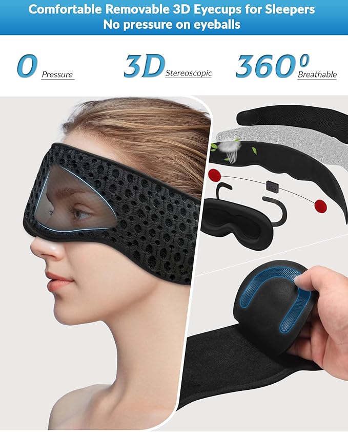 Bluetooth Sleep Mask with Removable 3D Contoured, 100% Blackout Eye Mask for Sleeping, Sleeping Headphones with Ultra-Thin Stereo Speakers for Side Sleepers, Perfect Tech Gifts for Men/Women