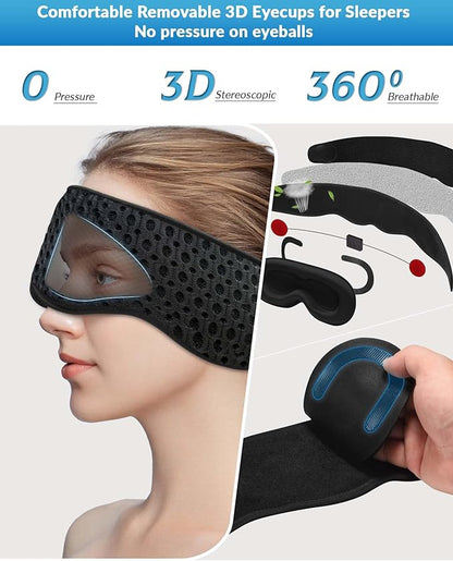 Bluetooth Sleep Mask with Removable 3D Contoured, 100% Blackout Eye Mask for Sleeping, Sleeping Headphones with Ultra-Thin Stereo Speakers for Side Sleepers, Perfect Tech Gifts for Men/Women