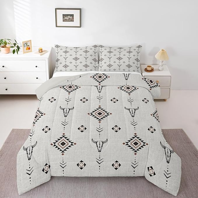 Erosebridal Western Aztec Comforter Set Full Size, Boho Farmhouse Bedding Set for Kids Boys Teens Ethnic Southwest Bull Skull Cow Quilt American Native Southwestern Duvet Insert Bedroom Decor