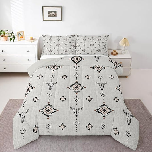 Erosebridal Western Aztec Comforter Set Full Size, Boho Farmhouse Bedding Set for Kids Boys Teens Ethnic Southwest Bull Skull Cow Quilt American Native Southwestern Duvet Insert Bedroom Decor
