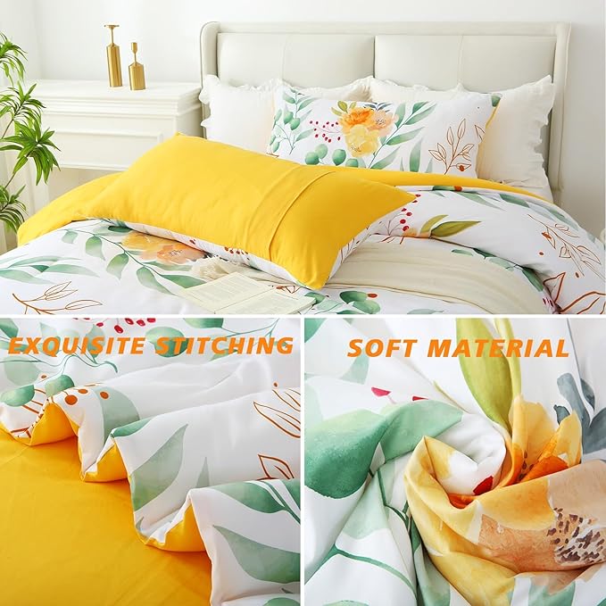 Queen Comforter Set Yellow 3 Pieces Bed in a Bag, Floral Bedding Sets Elegant Botanical Bed Set Lightweight Soft Comforter with 2 Pillowcases for All Season