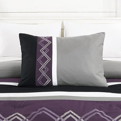 Chezmoi Collection Arden 7-Piece Modern Pleated Stripe Embroidered Zigzag Bedding Comforter Set (California King, Purple/Black/Gray/White)