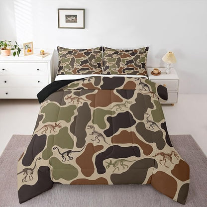 Erosebridal Camo Dino Comforter Set Toddler Size Army Camouflage Bedding Set for Kids Boys Girls Dinosaur Skeleton Farmhouse Green Comforter Boys Vintage Hunting Theme Quilt Bedroom Decor