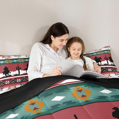 Erosebridal Full Size Western Bedding Set Longhorn Skull Dream Catcher Boho Comforter Set for Kids Boys Teens Adult Bedroom, Cowboy Horse Western Duvet Insert Southwestern Geometric Quilt, Red