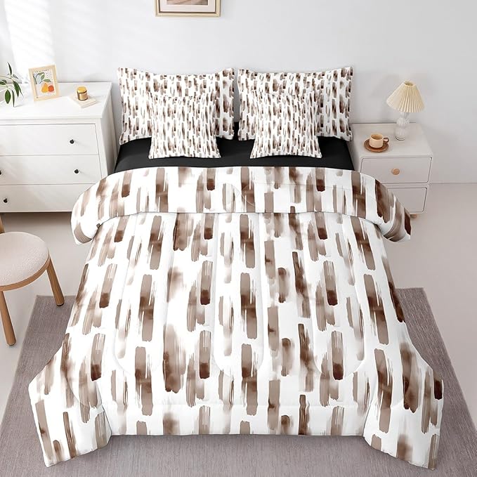 Erosebridal 7Pcs Brown and White Ink Painting Watercolor Comforter Set Full,Abstract Art Aesthetic Striped Bed in A Bag for Adults Women Men,Boho Modern Quilt,Graffiti Gradient Geometric Bedding