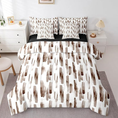 Erosebridal 7Pcs Brown and White Ink Painting Watercolor Comforter Set Twin,Abstract Art Aesthetic Striped Bed in A Bag for Adults Women Men,Boho Modern Quilt,Graffiti Gradient Geometric Bedding