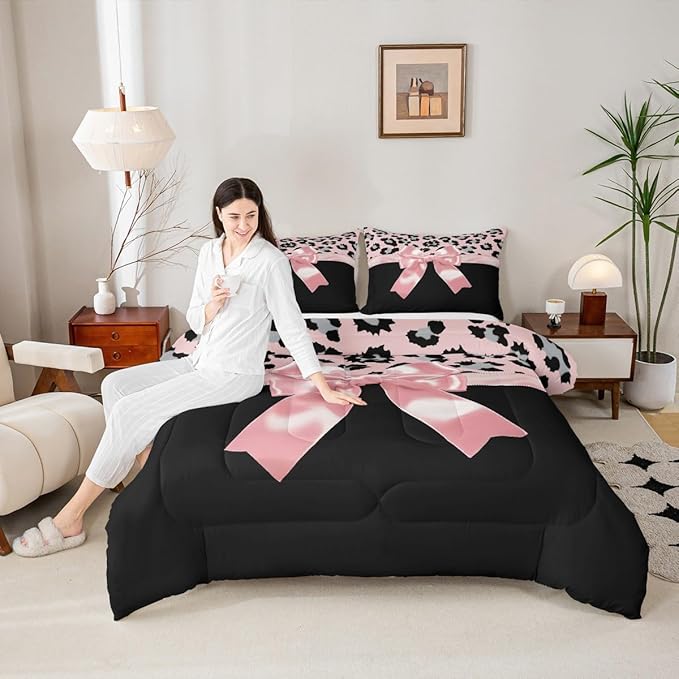 jejeloiu Pink Silk Bowknot Duvet Cover Toddle Size Grey Leopard Bedding Set for Kids Girls Women Black Pink Comforter Cover Set Sweet Romantic Bedspread Cover 2Pcs