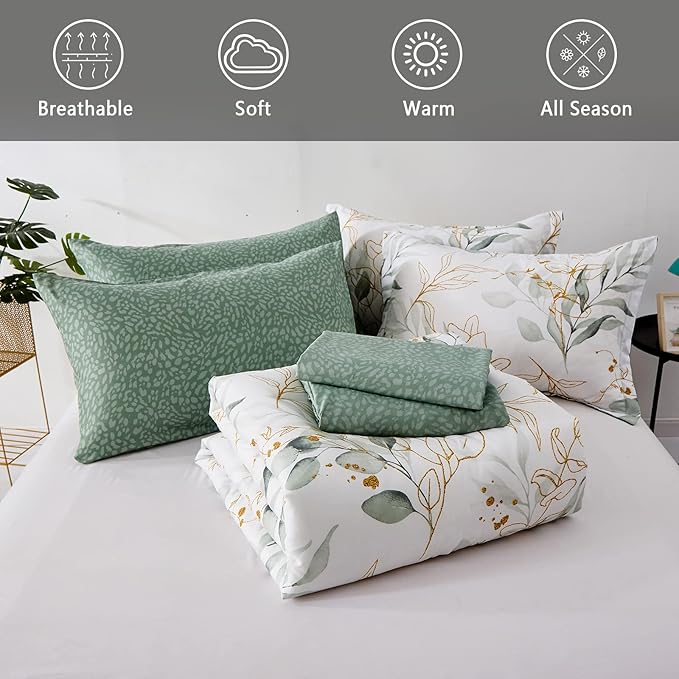 WONGS BEDDING 7 Pieces Floral Bed in a Bag King, Botanical Comforter Set Reversible Green Gold Leaves Bedding Set Microfiber King (1 Comforter,2 Pillowcase,2 Pillow Shams,1 Flat Sheet,1 Fitted Sheet)