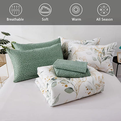WONGS BEDDING 7 Pieces Floral Bed in a Bag King, Botanical Comforter Set Reversible Green Gold Leaves Bedding Set Microfiber King (1 Comforter,2 Pillowcase,2 Pillow Shams,1 Flat Sheet,1 Fitted Sheet)