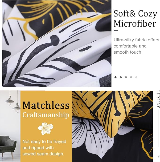 Menghomeus Full Comforter Set Black/Gold Floral Bedding Comforter Sets - Soft Microfiber Bed Comforter Set for All Season 3 Piece Botanical Flowers Comforter, Pillowcases
