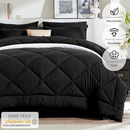 Newspin California King Comforter Set Black - Bed in a Bag California King Size 8 Pieces, All Season Bed Set, Fluffy Comforter Set with Sheets, Sheet Set Quilt Blanket, Pillowcases & Shams & Bed Skirt