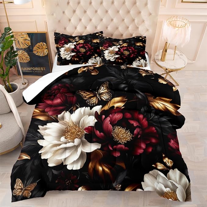 Black Floral Comforter Set Queen Size 3 Pieces Farmhouse Botanical Flower Bedding Set Modern Aesthetic Bedding Soft Lightweight Down Alternative Comforter Sets with 2 Pillowcases