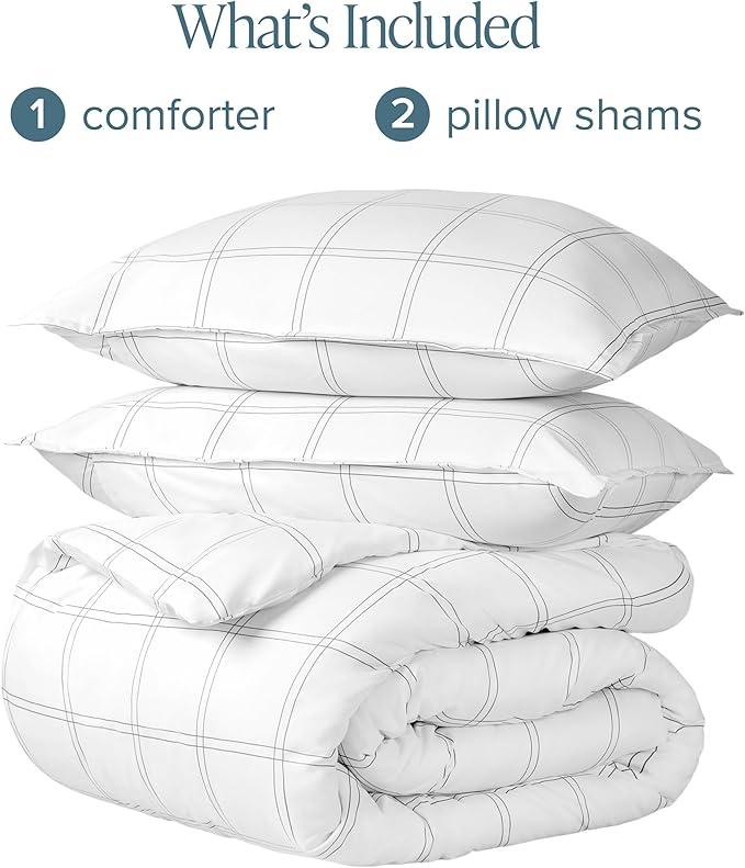 Bare Home Comforter Set - Full Size - Ultra-Soft - Goose Down Alternative - Premium 1800 Series - All Season Warmth Comforter (Full, Modern Plaid - White/Grey)