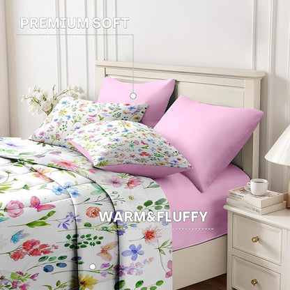 Nesker 7 Pcs Spring Comforter Set Queen Size, Pastel Floral Bedding Set for Kids and Adults, Colorful Pink Butterfly Bed Sheet Sets with Fitted Sheet 2 Pillowcases & 2 Shams
