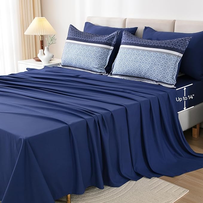 WONGS BEDDING Comforter Set King Size 7 Pieces,Navy Blue Striped Bed in a Bag Comforter and Sheet Set,Patchwork Soft Lightweight Micorfiber Bedding Set for All Seaon (90"×104")