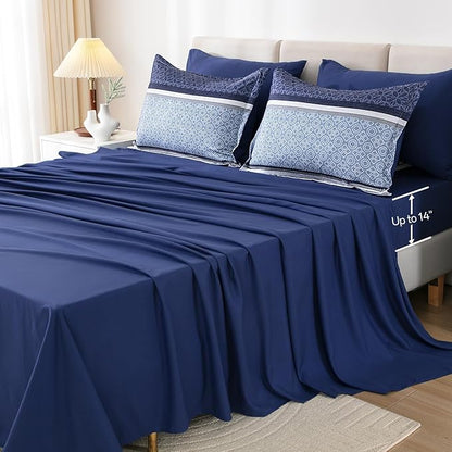 WONGS BEDDING Comforter Set King Size 7 Pieces,Navy Blue Striped Bed in a Bag Comforter and Sheet Set,Patchwork Soft Lightweight Micorfiber Bedding Set for All Seaon (90"×104")
