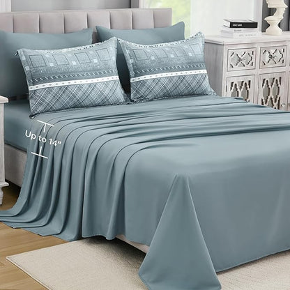 WONGS BEDDING 8 Piece King Size Comforter Set, Blue Striped Bed in a Bag Comforter and Sheet Set, Boho Lightweight Microfiber Bedding Set for All Season (90"×104")