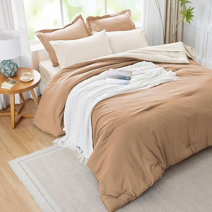 King Size Comforter Set Khaki Reversible Bedding Set, 7 Pieces Soft Bed in a Bag King with Comforter, Sheets, Pillowcases & Shams, All Season Boho King Bed Set
