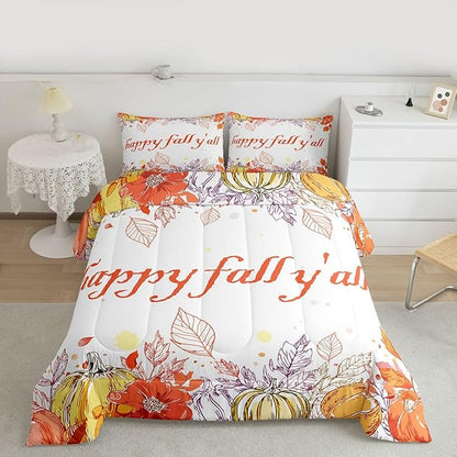 Watercolor Fall Pumpkin Comforter Set King,Happy Harvest Thanksgiving Theme Bedding Set For Kids Adults,Autumn Maple Leaf Botanical Comforterfall Rustic Farmhouse Bed Set 2 Pillow Cases Orange