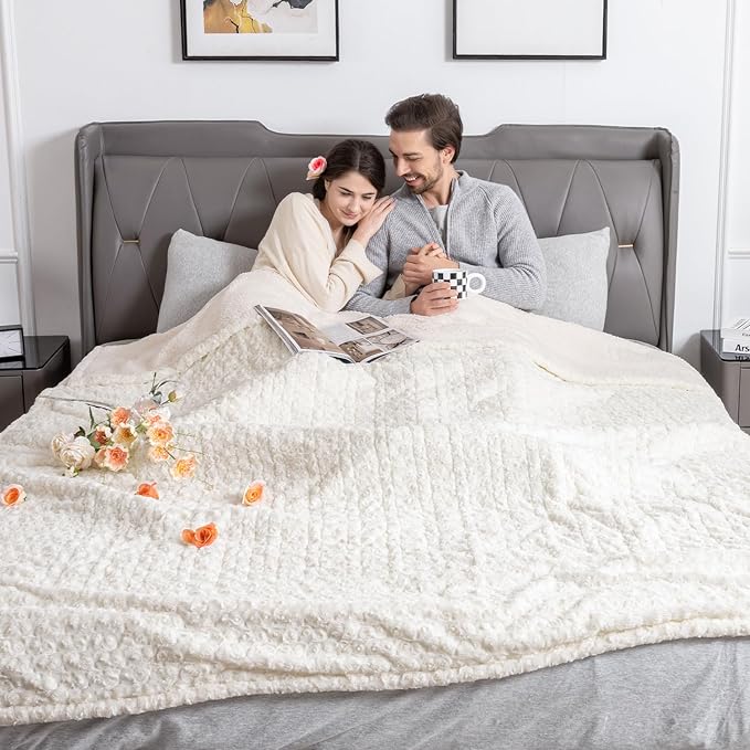 WOOMER Heated Blanket Queen Size 84" x 90", Electric Blanket with Dual Controls, 0.5-12 Hours Timer & 10 Heating Levels, ETL Certified, White Rose Patterns Faux Fur & Sherpa, Machine Washable