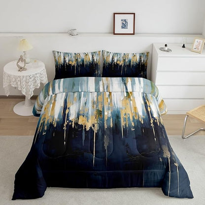 Erosebridal Navy Blue Comforter Full Graffiti Ombre Bedding Set, Brush Strokes Oil Painting Down Comforter Modern Contemporary Bed Set, Chic Vintage Abstract Gradient Quilted Duvet 3pcs