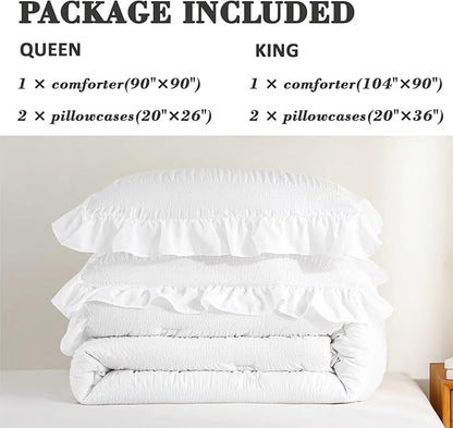 White Comforter Set Queen Size Seersucker Design with Ruffled Edges, Soft Bedding Set Queen Size 3 Pcs, Down Alternative Light Weight Comforter Set (White,90"x90")