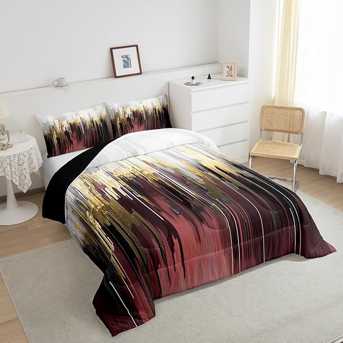 Burgundy Red Bedding Set King Gradient Stripe Comforter Set, Modern Oil Painting Graffiti Duvet Insert Watercolor Abstract Artwork Quilt Sets, Aesthetic Metallic Golden Bedding Comforters & Sets 3pcs