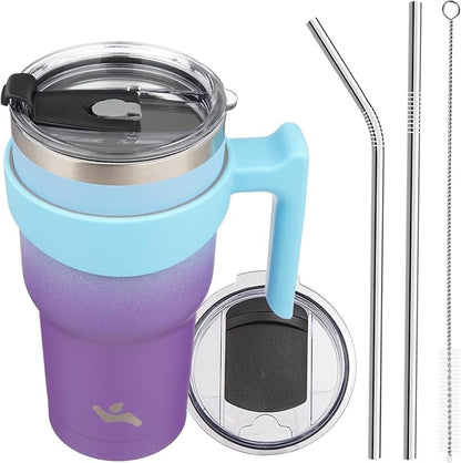 30 oz Tumbler with Handle and 2 Straw 2 Lid, Insulated Water Bottle Stainless Steel Vacuum Cup Reusable Travel Mug,Ocean Dream